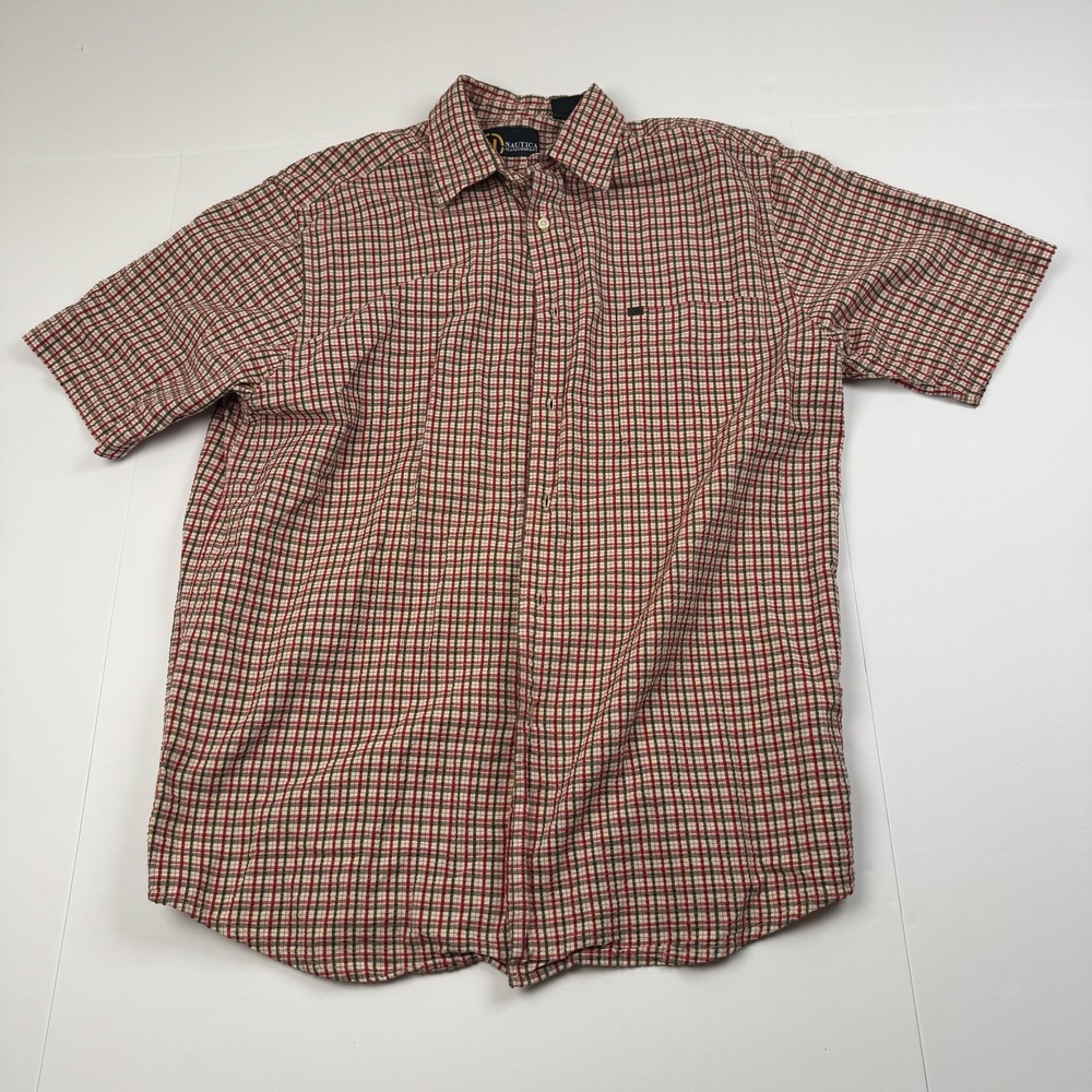 Nautica Jeans Company Shirt Mens Medium Red Plaid Short Sleeve Button Up Casual